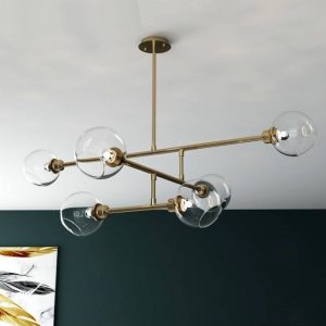 Lampu gantung kaca 6 tiang emas Cognac naungan cahaya hangat