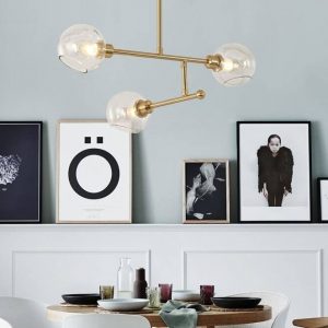 Lampu gantung kaca 6 tiang emas Cognac naungan cahaya hangat