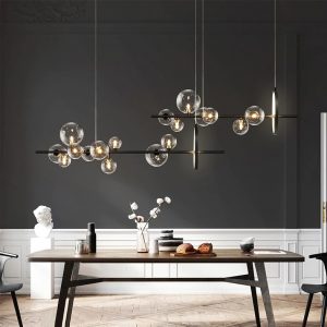 Lampu Gantung LED Hitam Bola Kaca Bening Modern Lampu Gantung Panjang untuk Ruang Makan Bar Restoran Kedai Kopi Kantor Lampu Gantung