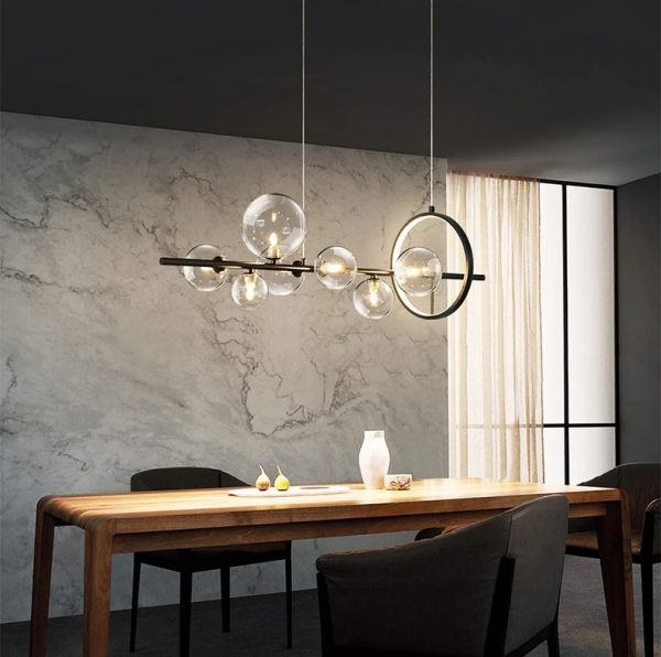 Lampu Gantung LED Hitam Bola Kaca Bening Modern Lampu Gantung Panjang untuk Ruang Makan Bar Restoran Kedai Kopi Kantor Lampu Gantung