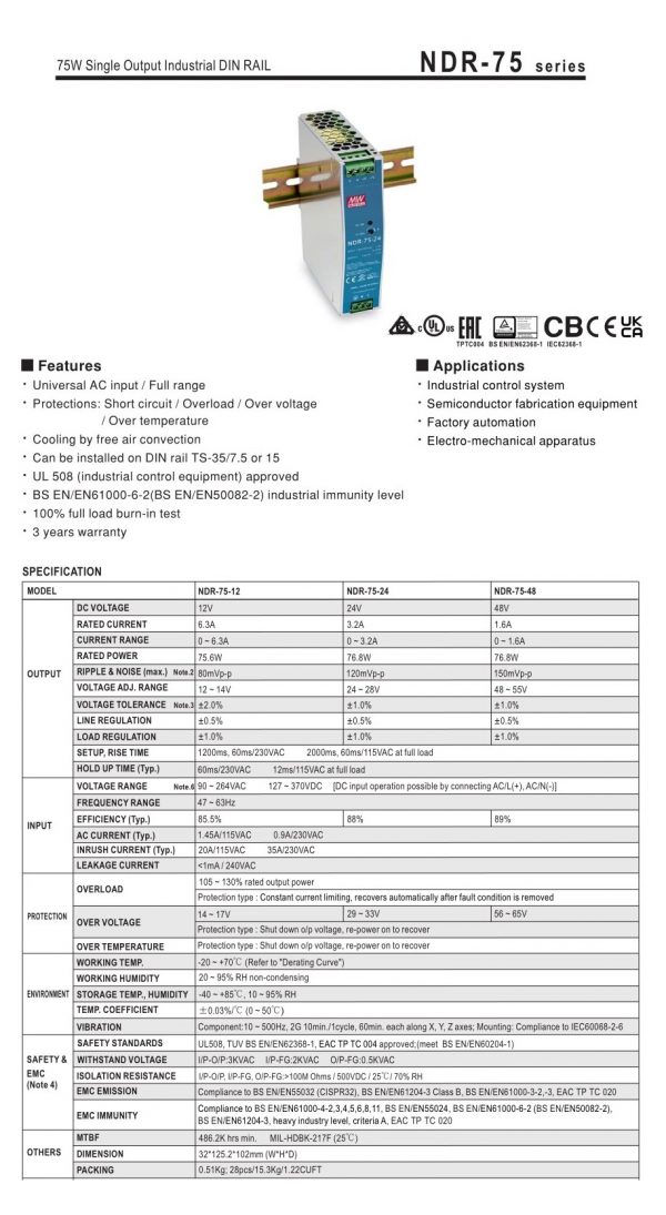 Mean Well Single Output Industrial DIN RAIL NDR-75 series