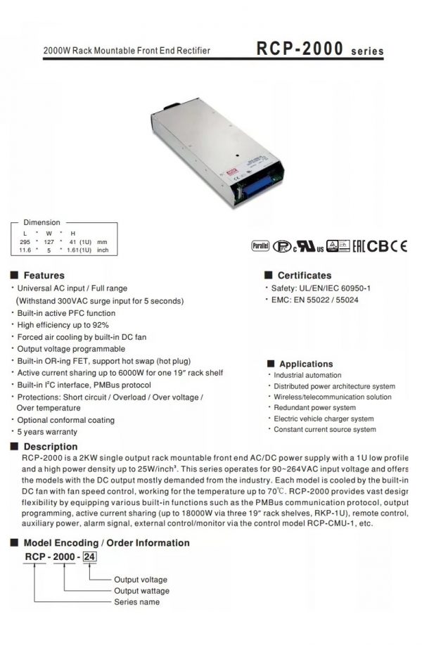 Mean Well Rack Mountable Front End Rectifier RCP-2000 series