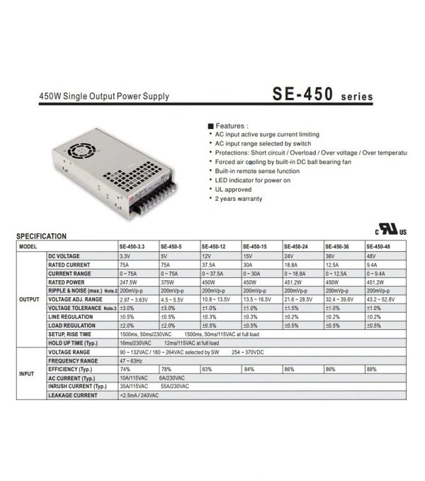 Mean Well 450W Single Output Power Supply SE-450 series