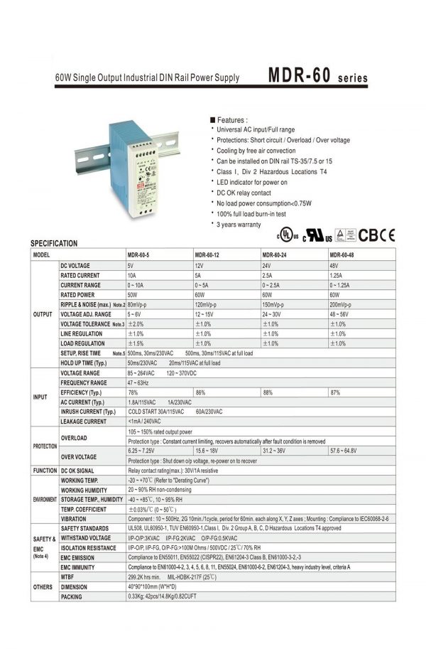 Mean Well Single Output Industrial DIN Rail Power Supply MDR-60 series