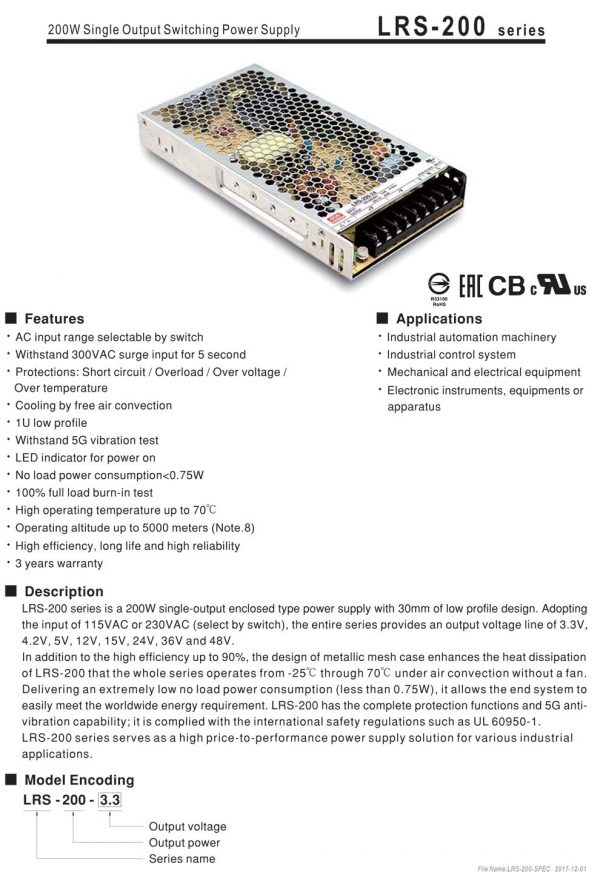 Mean Well Single Output Switching Power Supply LRS-200 series