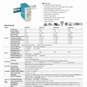Mean Well Single Output Industrial DIN Rail Power Supply MDR- 40 series