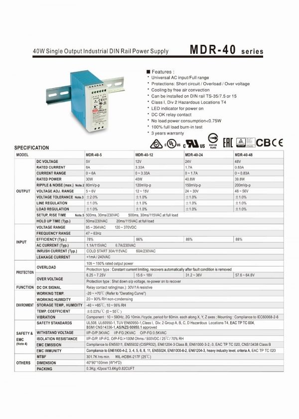 Mean Well Single Output Industrial DIN Rail Power Supply MDR- 40 series