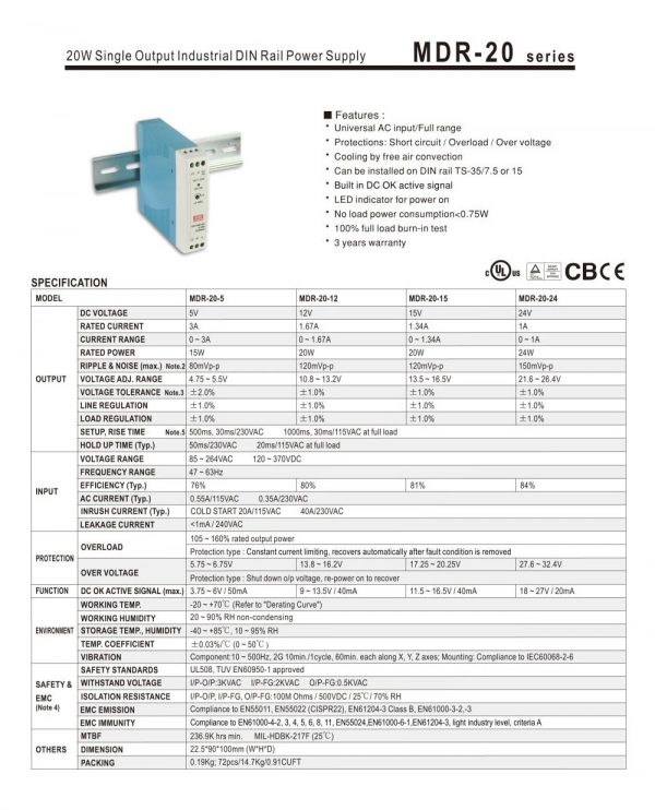 Mean Well Single Output Industrial DIN Rail Power Supply MDR-20 series