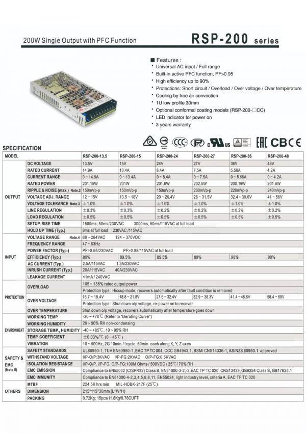 Mean Well single output with pfc function rsp-200 series