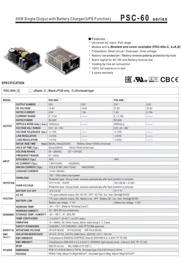 Mean Well Single Output with Battery Charger UPS Function PSC-60 series