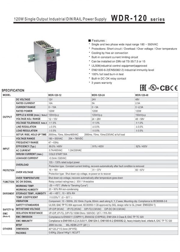 Mean Well Single Output Industrial DIN RAIL Power Supply WDR-120 series