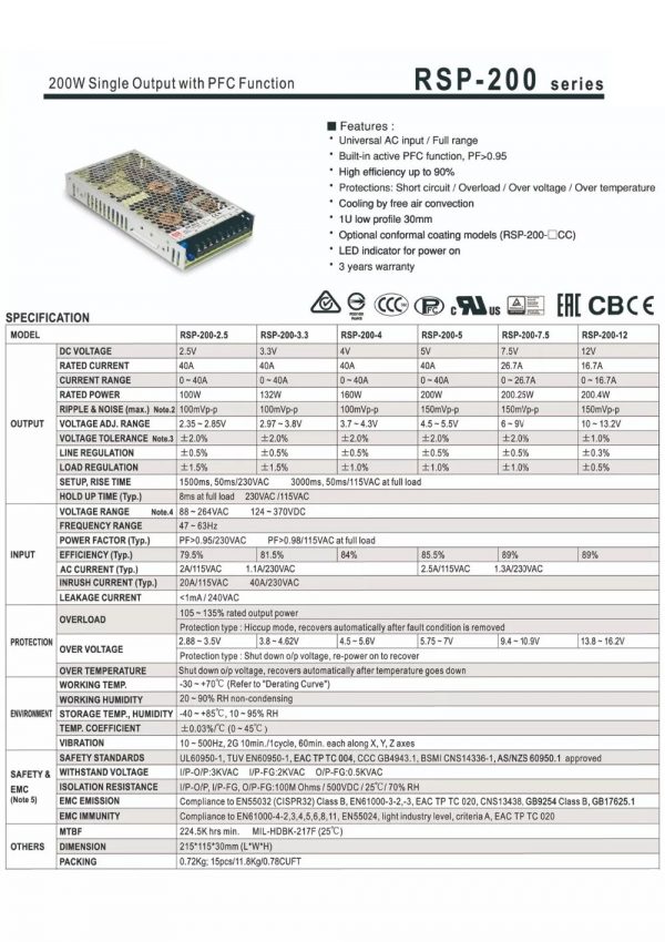 Mean Well single output with pfc function rsp-200 series