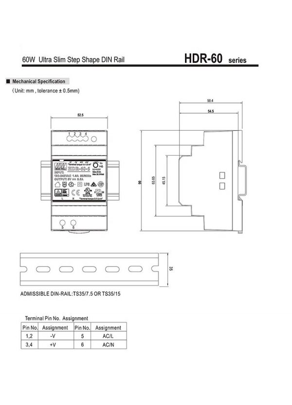 Mean Well Ultra Slim Step Shape DIN Rail HDR-60 series