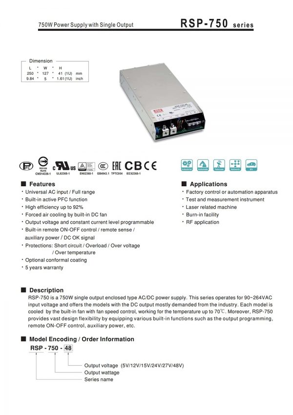 Mean Well Power Supply with Single Output RSP-750 series