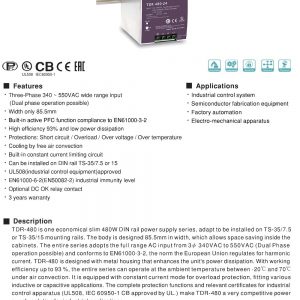 Mean Well Three Phase Industrial DIN RAIL with PFC Function TDR-480