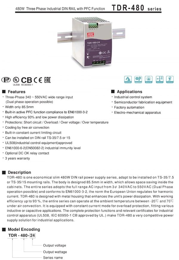 Mean Well Three Phase Industrial DIN RAIL with PFC Function TDR-480