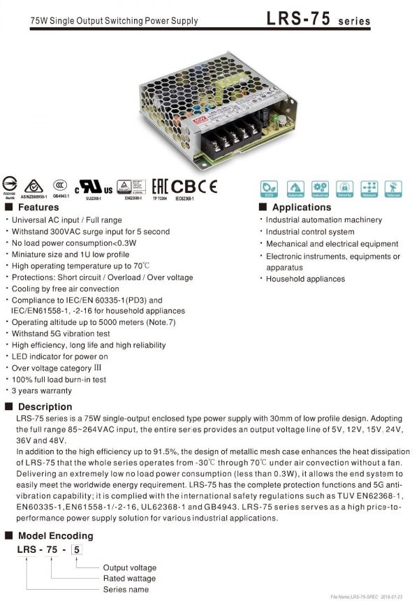 Mean Well Single Output Switching Power Supply LRS-75 series