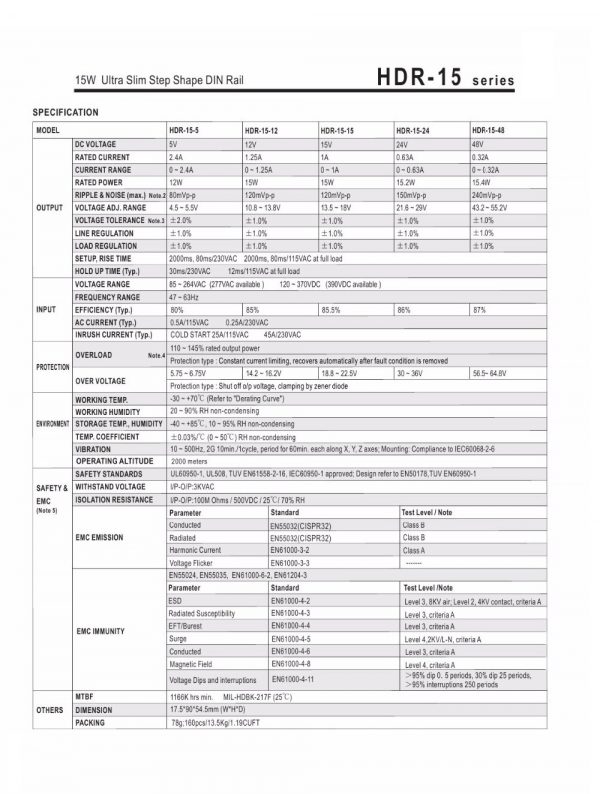 Mean Well Ultra Slim Step Shape DIN Rail HDR-15 series