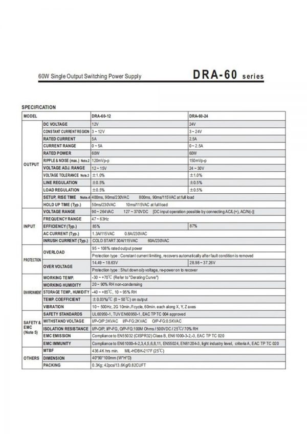 Mean Well Single Output Switching Power Supply DRA-60 series