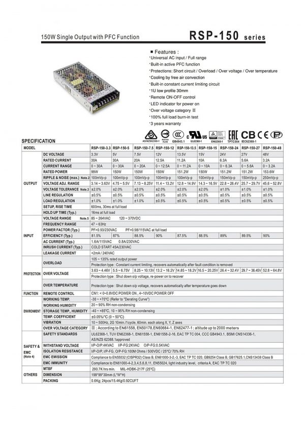 Mean Well Single Output with PFC Function RSP-150 series
