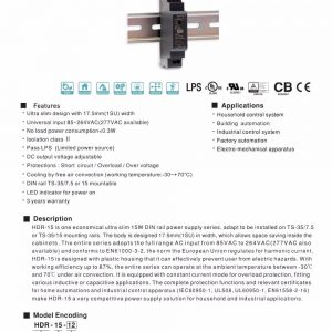 Mean Well Ultra Slim Step Shape DIN Rail HDR-15 series