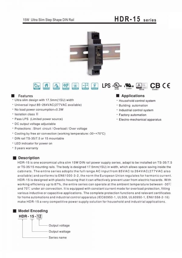 Mean Well Ultra Slim Step Shape DIN Rail HDR-15 series