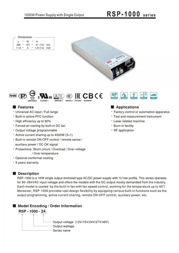 Mean Well Power Supply with Single Output RSP-1000 series