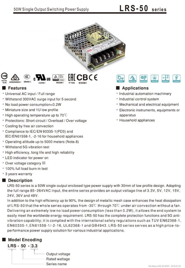 Mean Well Single Output Switching Power Supply LRS-50 series