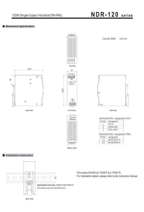Mean Well Single Output Industrial DIN RAIL NDR-120 series
