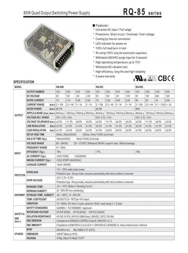 Mean Well Quad Output Switching Power Supply RQ-85 series