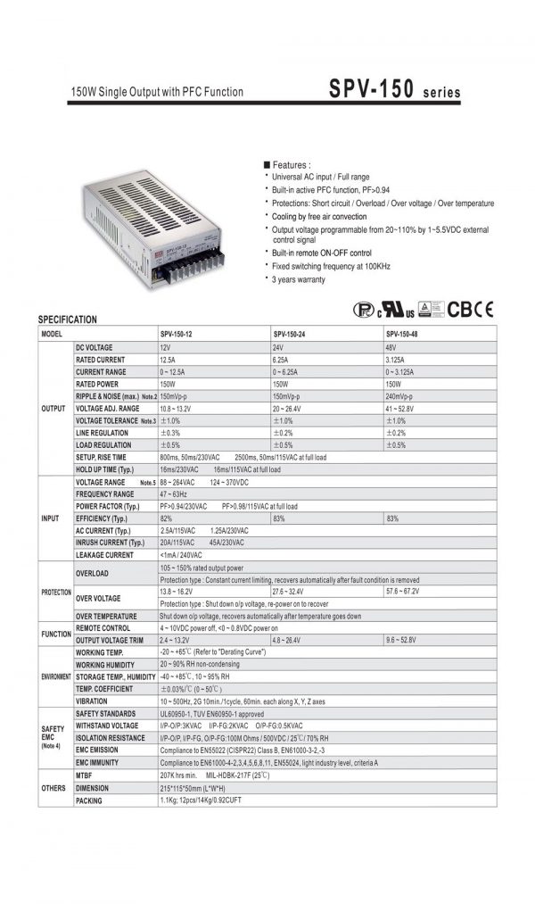 Mean Well Single Output with PFC Function SPV-150 series