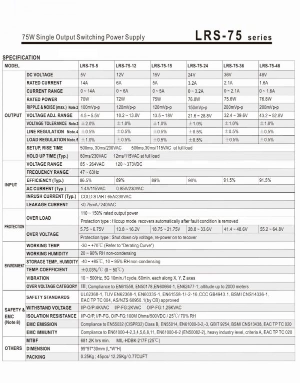 Mean Well Single Output Switching Power Supply LRS-75 series
