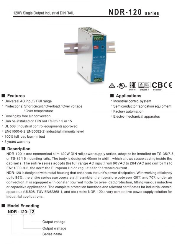 Mean Well Single Output Industrial DIN RAIL NDR-120 series