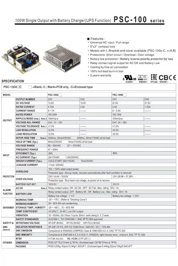 Mean Well Single Output with Battery Charger UPS Function PSC-100 series