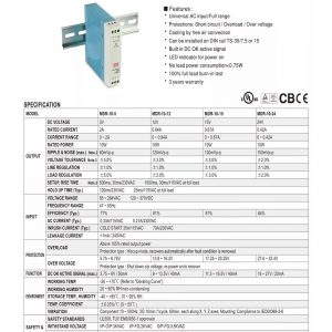 Mean Well Single Output Industrial DIN Rail Power Supply MDR-10 series