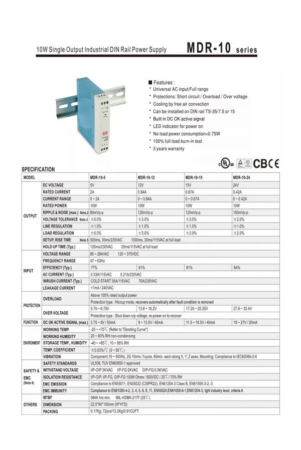 Mean Well Single Output Industrial DIN Rail Power Supply MDR-10 series