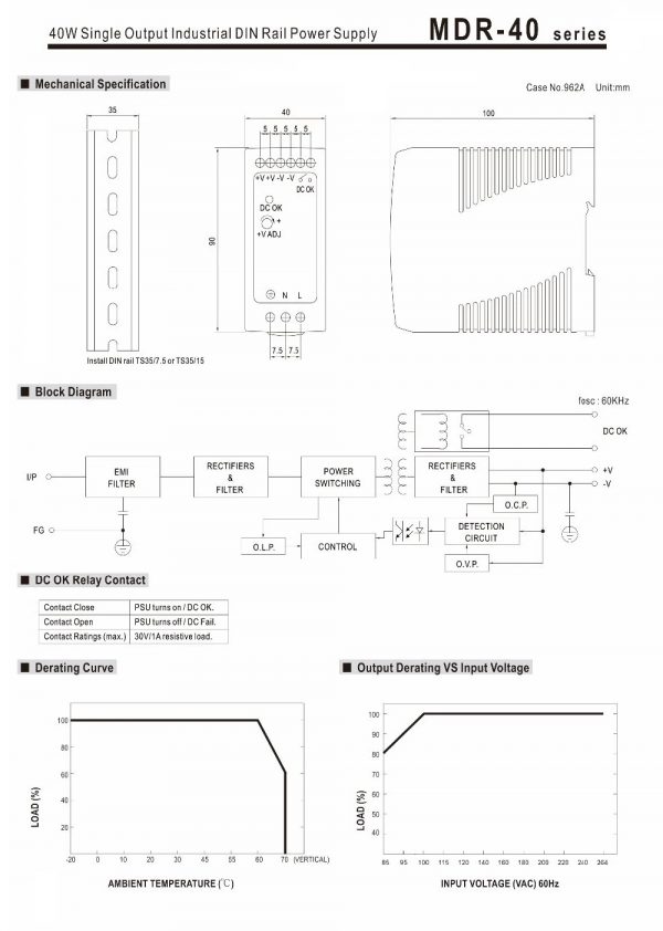 Mean Well Single Output Industrial DIN Rail Power Supply MDR- 40 series