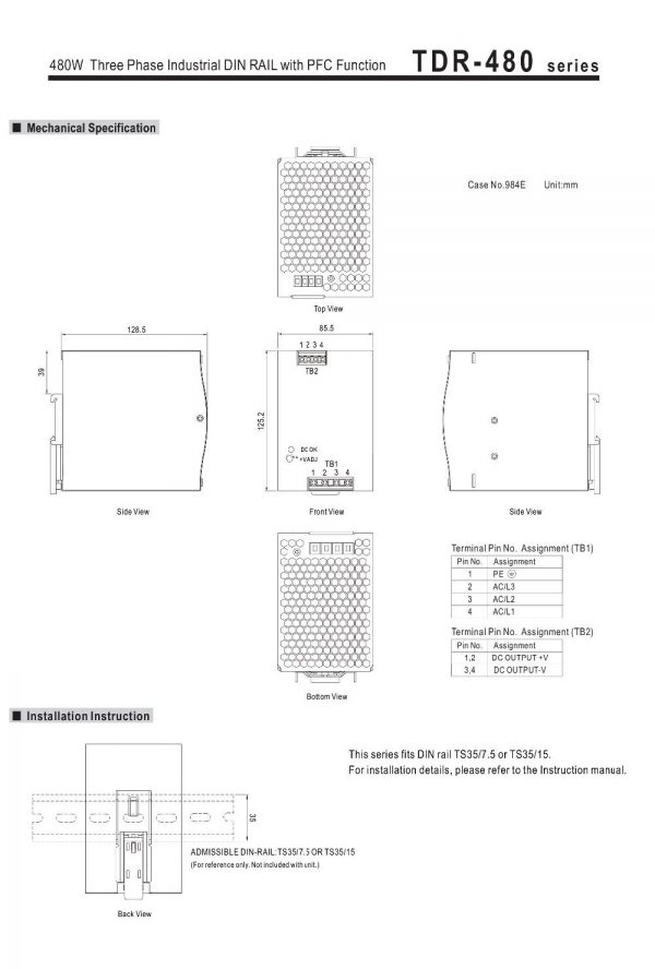 Mean Well Three Phase Industrial DIN RAIL with PFC Function TDR-480