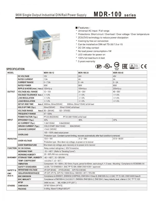 Mean Well Single Output Industrial DIN Rail Power Supply MDR-100 series