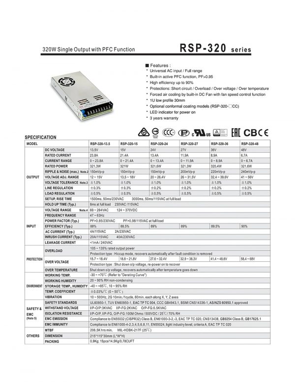Mean Well single output with pfc function rsp-320 series