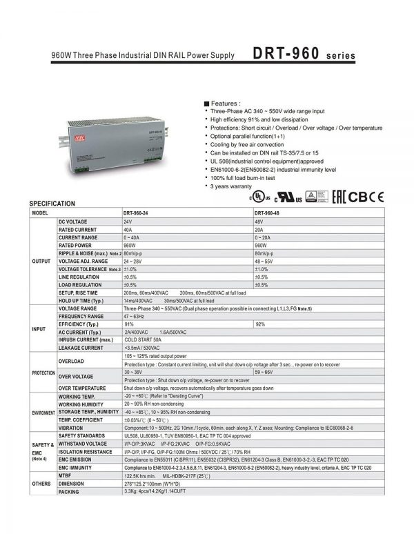 Mean Well Three Phase Industrial DIN RAIL Power Supply DRT-960 series