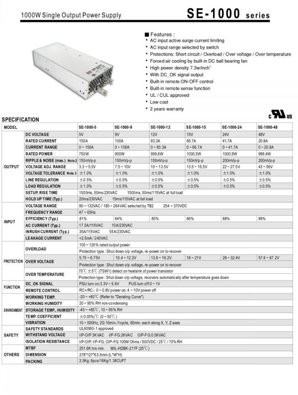 Mean Well Single Output Power Supply SE-1000 series