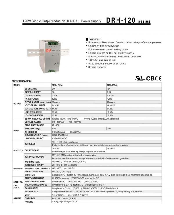Mean Well Single Output Industrial DIN RAIL Power Supply DRH-120