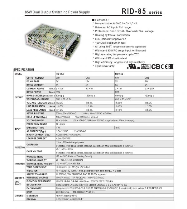 Mean Well Dual Output Switching Power Supply RID-85 series