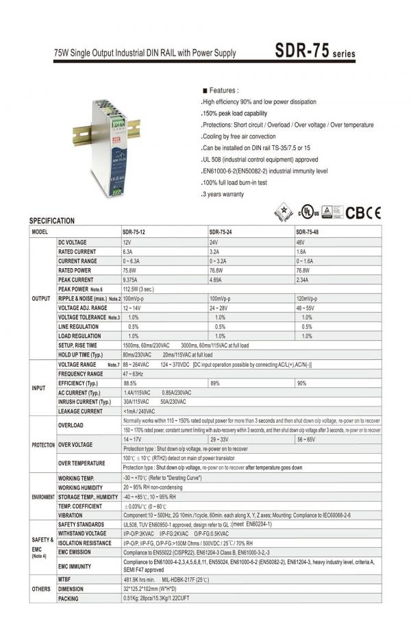 Mean Well Single Output Industrial DIN RAIL with Power Supply SDR-75