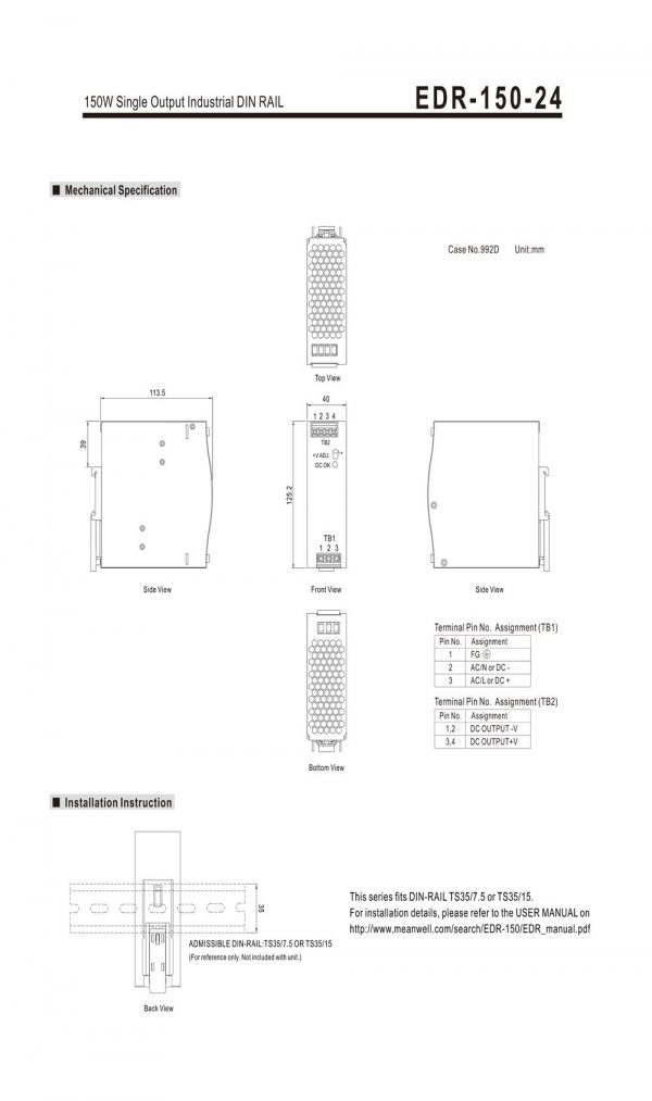 Mean Well Single Output Industrial DIN RAIL EDR-150-24