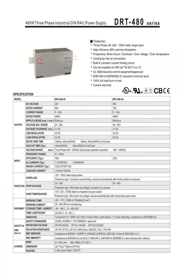 Mean Well Three Phase Industrial DIN RAIL Power Supply DRT-480
