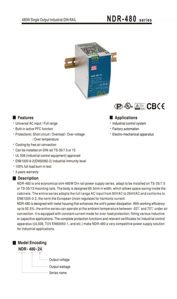 Mean Well Single Output Industrial DIN RAIL NDR-480 series