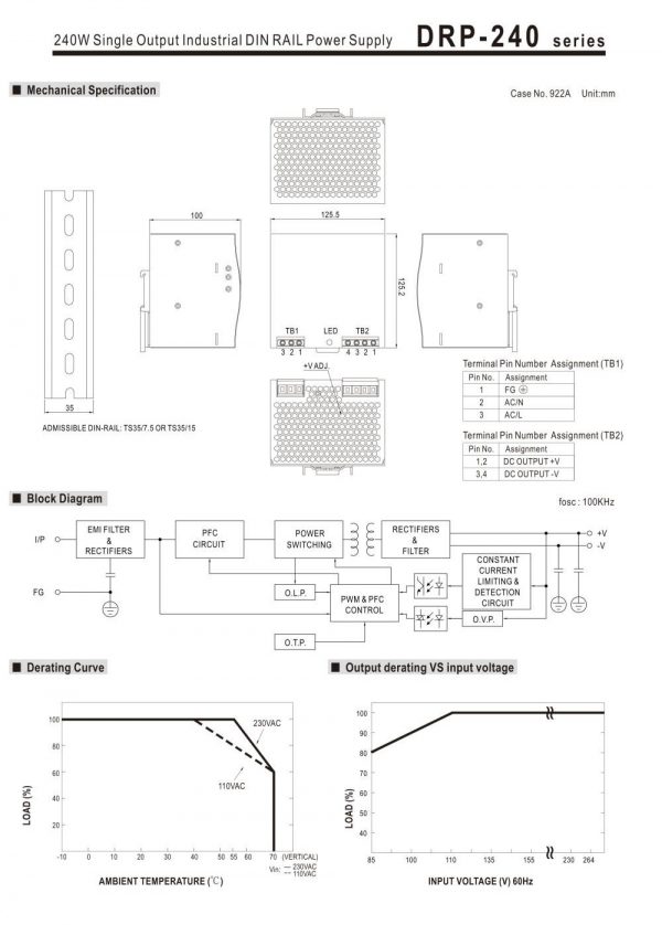 Mean Well Three Phase Industrial DIN RAIL Power Supply DRT-240