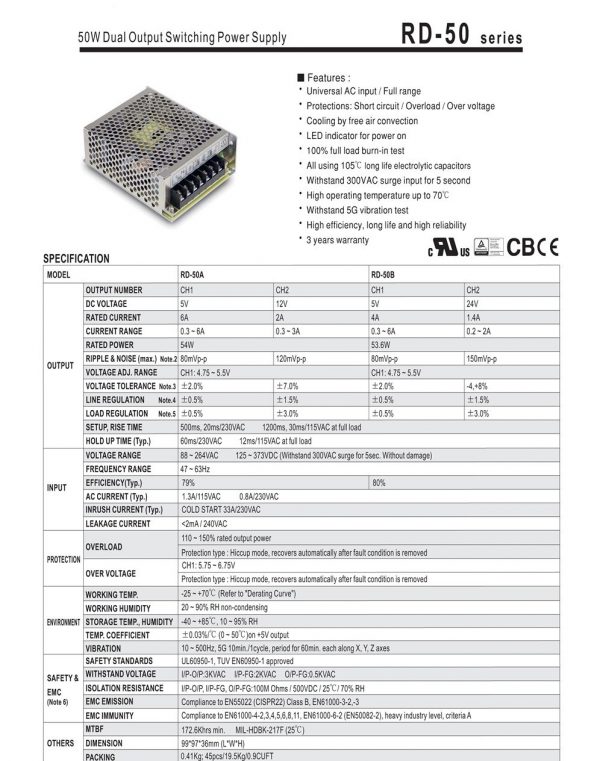 Dual Output Switching Power Supply RD-50 series